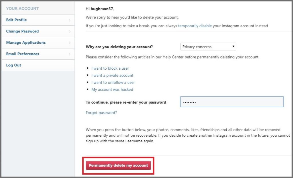 instagram account deletion page