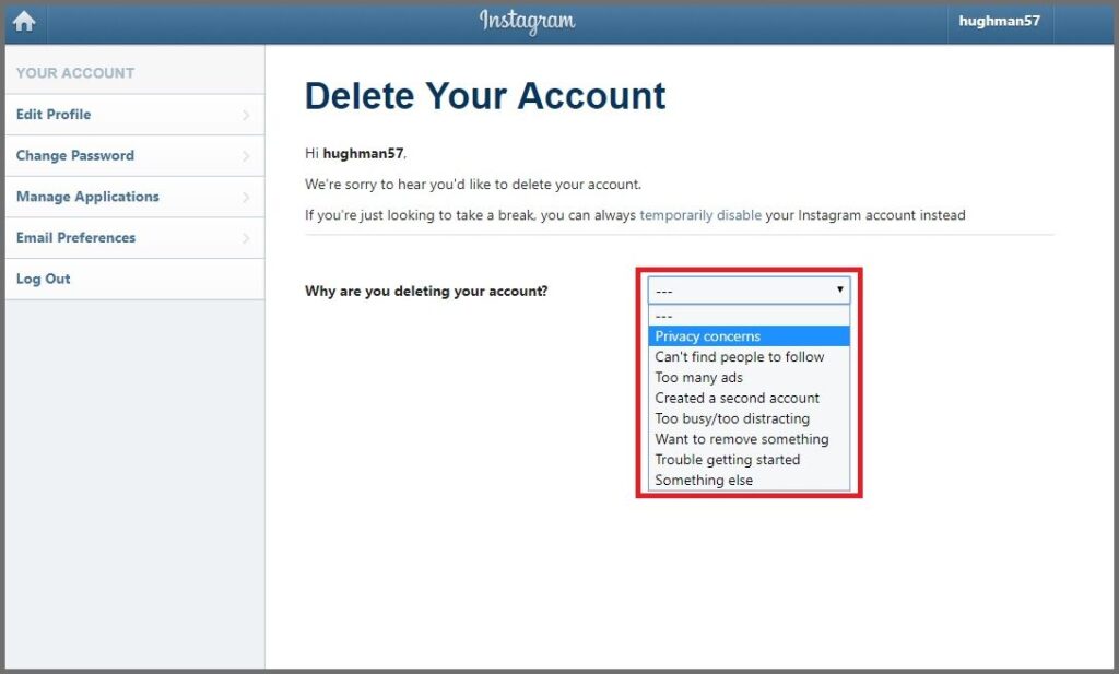 instagram account deletion page